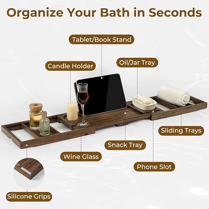 Venusmiles Teak Bathtub Tray Caddy, Foldable Bath Tray with Expandable Handles, Wine Glass and Phone Holders, Book Stand, for Home Spa Relaxation, Luxury Bathroom Accessories - Dark Walnut Color
