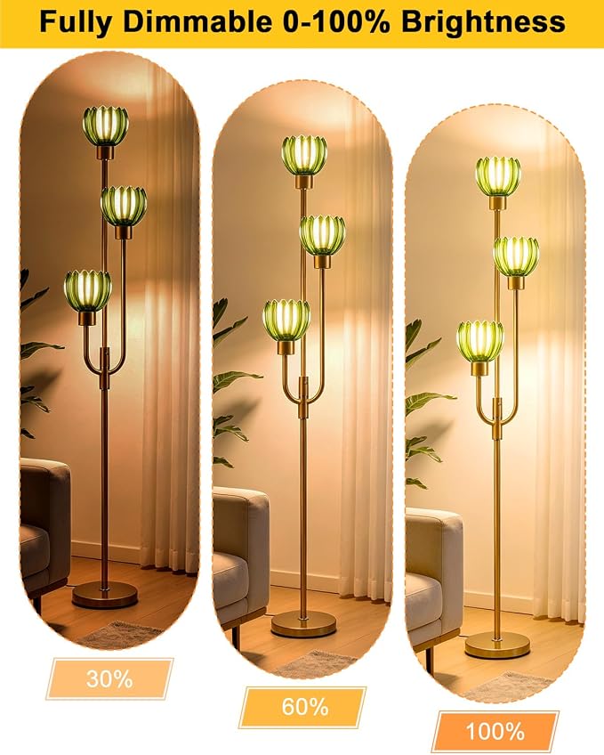 Lightdot 3-Lights Modern Glass Floor Lamp Gold Dimmable Floor Lamps with 3000K Warm White Bulbs for Wedding Party 66IN Tall Standing Lamp with Green Glass Shade for Living Room/Bedroom/Home Decor