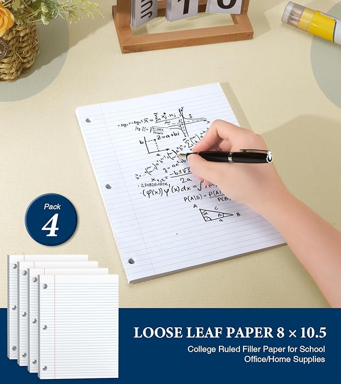 PINJINGPRO College Ruled Loose Leaf Paper, 3 Hole Punch Paper 8 x 10.5, Notebook Paper, Filler Paper for 3 Ring Binders, Lined Paper College Ruled, 100 Sheets/Pack Writing Paper With Lines (4 Pack)