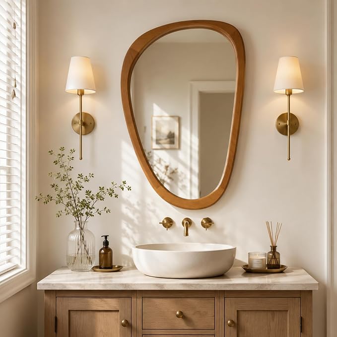 Solid Wood 36"x24" Modern Organic Asymmetrical Mirror, Warm Walnut Irregular Wooden Wall-Mounted Mirror, Sculptural Spa-Like Bathroom Vanity Mirror, Honey Walnut