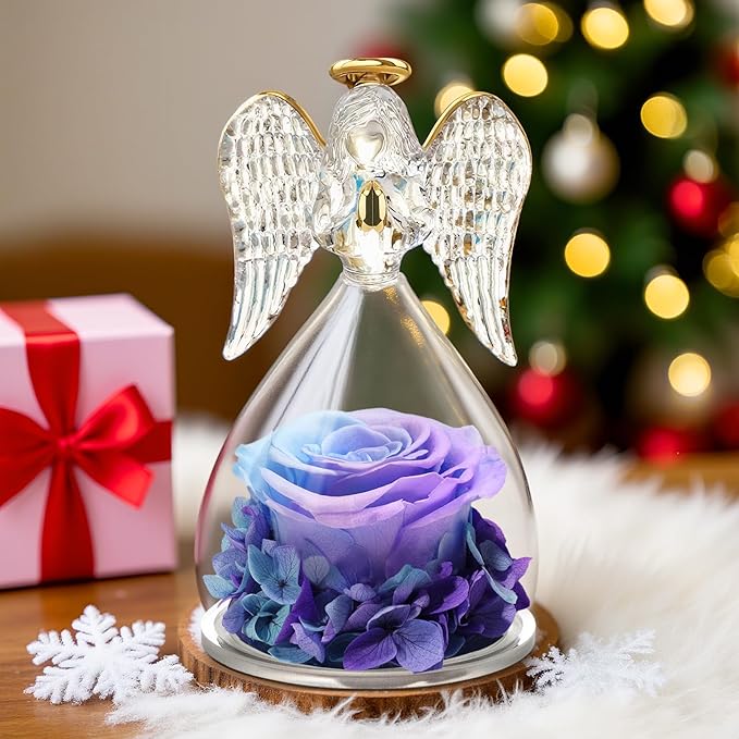 Yamonic Gifts for Mom Birthday,Angel Figurines with Real Rose Gifts for Her Mom Grandma,Preserved Flower Rose for Valentines Day Mothers Day Christmas Anniversary Birthday Gifts for Women(Blue-purple)
