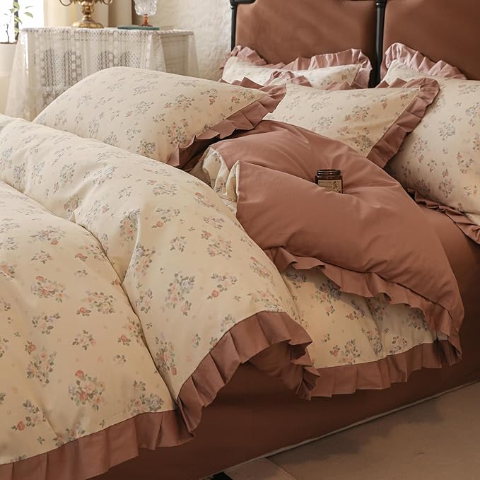 LifeTB Vintage Flower Duvet Cover Set Queen Romantic Girls Ruffle Comforter Cover Princess Lace Bedding Set 100% Cotton Girls Floral Duvet Cover with 2 Pillowcases Botanical Cottagecore Bedding Set