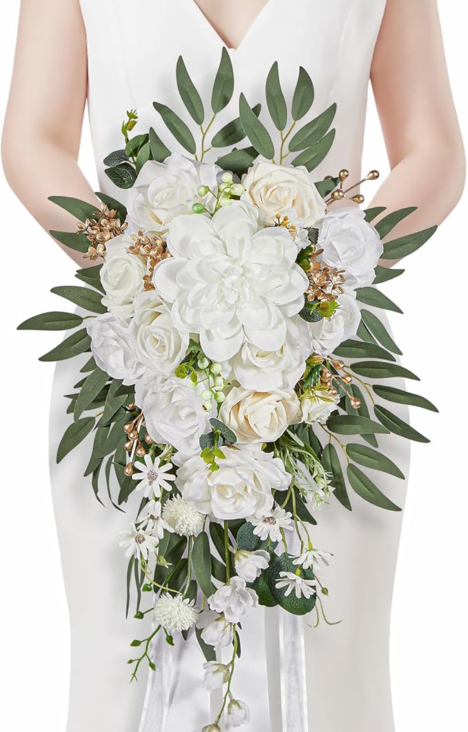Serwalin 10 Inch Wedding Bouquets for Bride,Ivory Bridal Bouquet of Fake Flowers, Bridesmaid Bouquets for Wedding Ceremony Bridal Shower and Anniversary Day Decor
