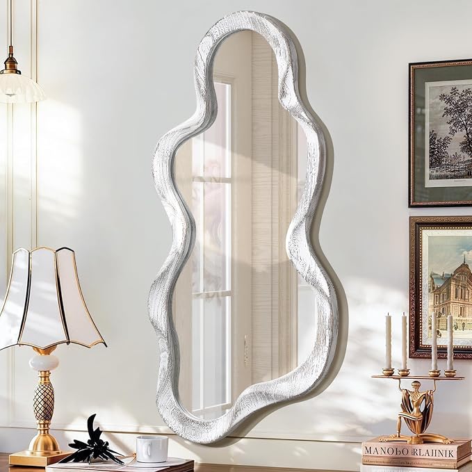 Irregular Wood Frame Mirror Asymmetrical Mirrors for Wall Unique Cloud Modern Living Room Bedroom Vanity Entryway Hallway Decorative Artistic Cute and Stylish Wall Mirror Large