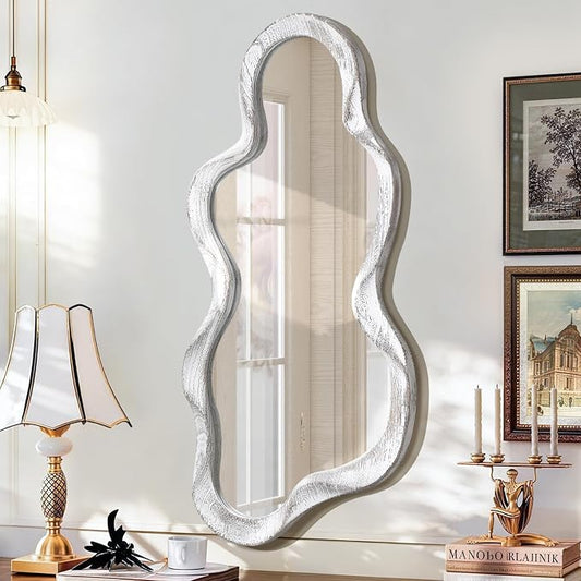 Irregular Wood Frame Mirror Asymmetrical Mirrors for Wall Unique Cloud Modern Living Room Bedroom Vanity Entryway Hallway Decorative Artistic Cute and Stylish Wall Mirror Large