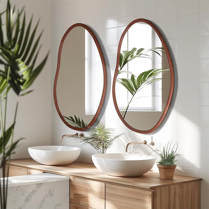 Irregular Wall Mirror Asymmetrical: Abstract Wood Frame 32x22 inch | Unique Vanity Glass Mirrors, Cloud-shape, Horizontal Vertical Hanging, Sleek Entryway Accent