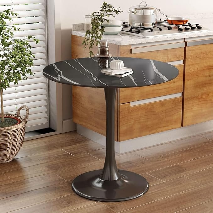 24" Tulip Table for 1-2 Persons Modern Round Dining Table, Mid-Century Modern Black Marble Small Kitchen Table with MDF Wooden Top, Leisure Coffee Table for Living Room, Dining Room, Office