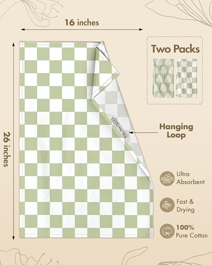 Miss Adola 2 Pack Flour Sack Kitchen Towels - 16x26 Inch Cotton Dish Towels with Hanging Loop Reusable Geometric Boho Modern Retro Tea Towel Absorbent Dishcloths Home Decor, Green Leaf