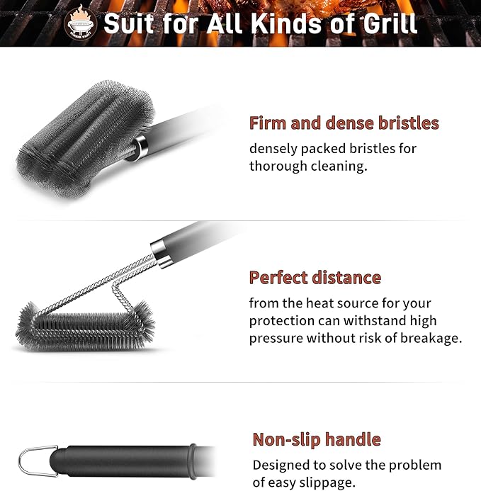 PePeng BBQ Grill Cleaning Brush, Heavy Duty Grill Cleaning Brush for Outdoor Grill, 3-Branch Stainless Steel Bristles Cleaner for Easier and Effective Clean, BBQ Tools for Gas/Charcoal Grilling Grates