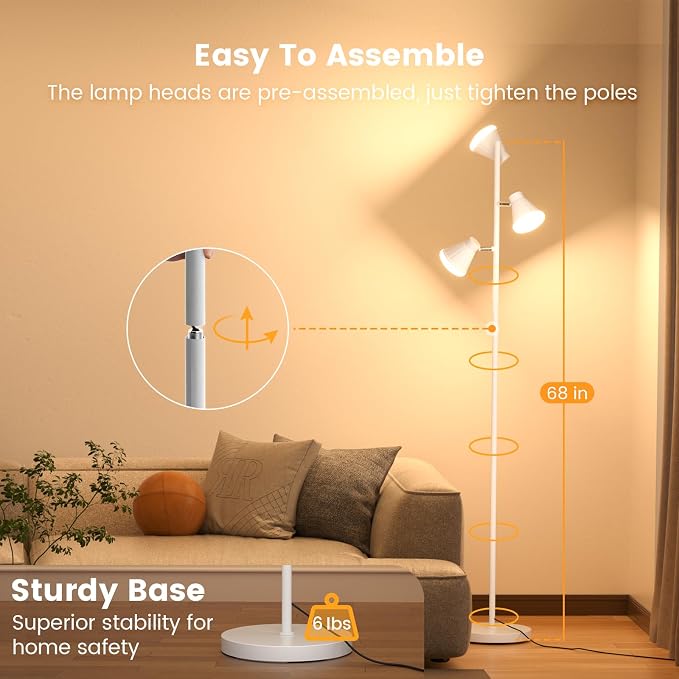 SIBRILLE 36W LED Tree Floor Lamp, Dimmable Tall Standing Lamp with Remote & Touch Control, 4 Color Temperatures Bright Floor Lamp, 3 Rotatable Light Modern Floor Lamps for Living Room Bedroom Office