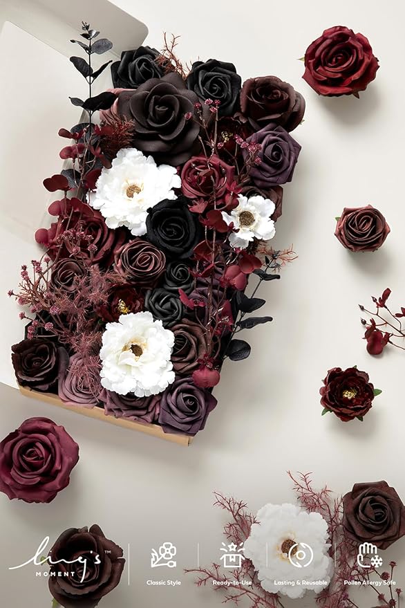 Ling's moment Fake Flowers Box, Faux Artificial Greenery Stems Foam Roses Peonies Silk Eucalyptus Leaves Fabic Flower for Centerpieces Bouquet Wedding Vase Decorations, Burgundy & Black, Deluxe Combo