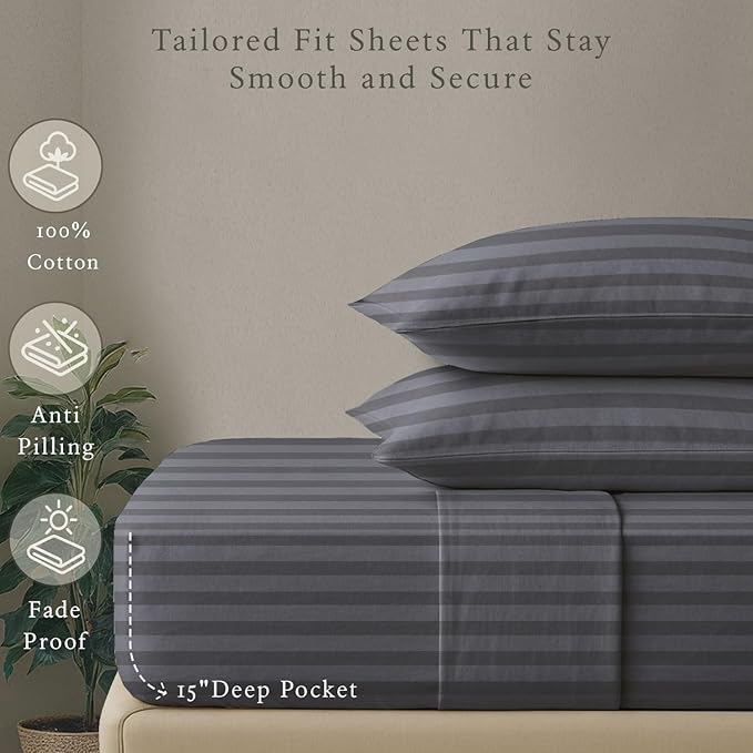 Threadmill 500 Thread Count Twin-XL Size Damask Stripe, 3 Pc Luxury Cotton Bed Sheet Set, Breathable Dark Grey Sheets with 15" Elasticized Deep Pocket, 1 Pillowcase & Free Tote Bag