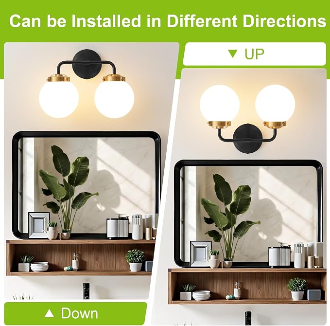 Black Gold Bathroom Light Fixtures Over Mirror, 14.17'' Vanity Lighting with Milk White Glass Globe Shades 2-Light Farmhouse Wall Sconce