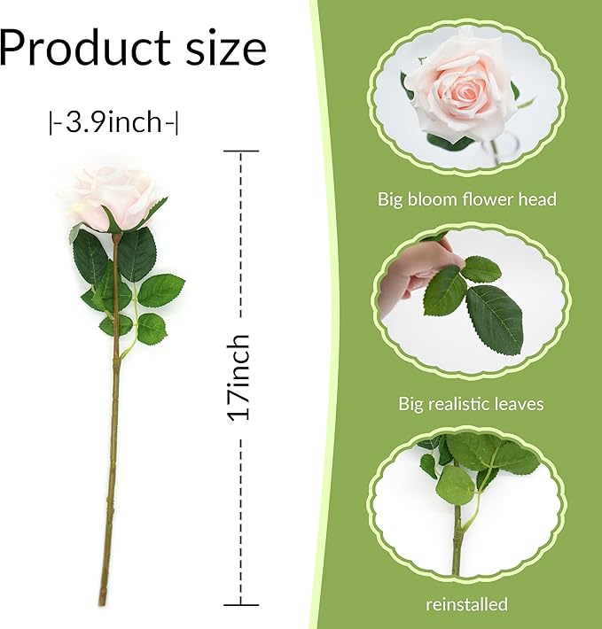 6 Pcs Silk Real Touch Latex Roses, Artificial Single Stem Big Bloom Faux Roses for Home Party Office Wedding Indoor Decor, Floral Arrangements, Table Centerpieces