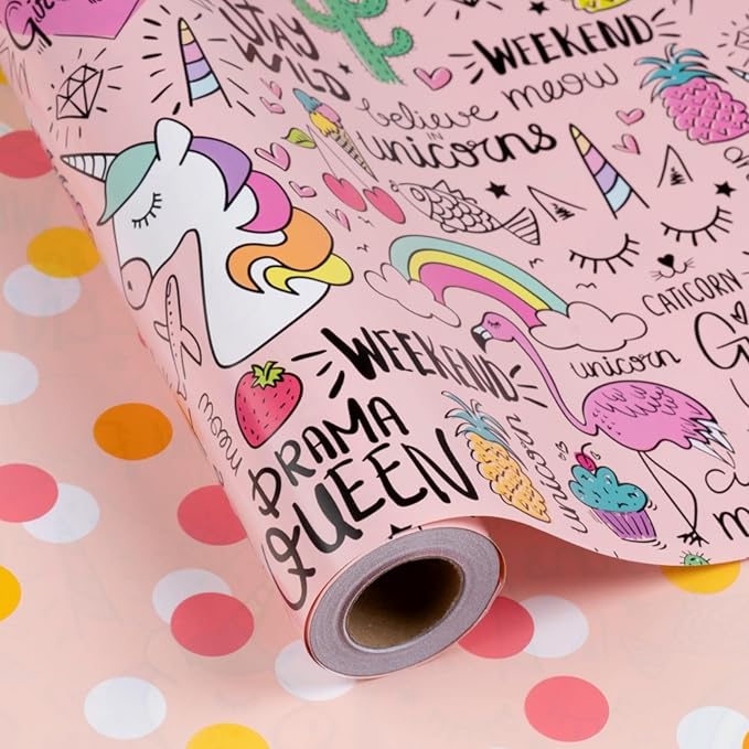 Burymento Pink Unicorn Wrapping Paper, Reversible Dot Design Gift Wrap for Birthday, Valentines, Mothers day, Graduation, Wedding, Fathers day, Baby Shower, Christmas (17 IN x 32.8 FT)