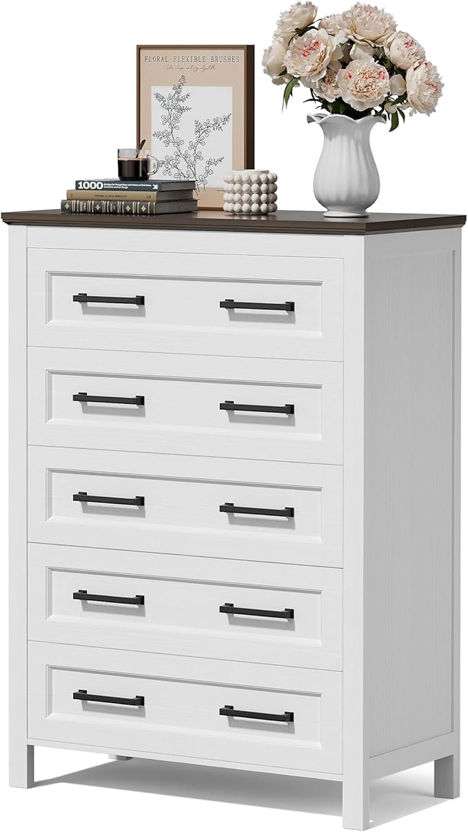 JUMMICO White Dresser Tall for Bedroom,Wooden 5 Drawer Dresser for Nursery,Chest of Drawers for Bedroom, Closet Storage Organizer for Living Room, Hallway, Closet (Brown&White)