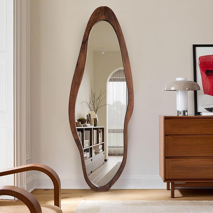 Irregular Full Length Mirror, 67"x24" Wooden Farmhouse Full Body Mirror, Large Asymmetrical Wall Mirrors for for Living Room Entryway Bedroom, Horizontal/Vertical, Woodgrain Brown