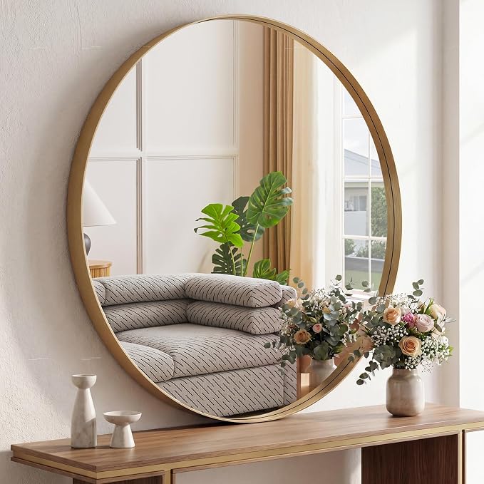 Sweetcrispy Bathroom Round Mirrors for Over Sink, 30 Inch Wall Circle Mirror with Matte Metal Frame, Modern Wall Mount Vanity Mirror for Home Decor, Living Room, Bedroom, Gold