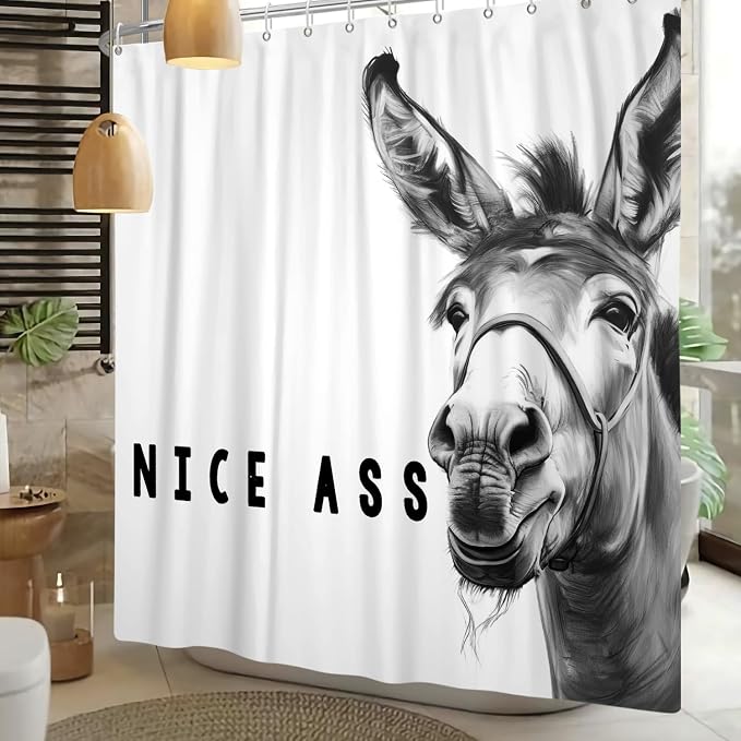 Funny Donkey Shower Curtains Joke Hilarious Animal Bathroom Curtain Rustic Farmhouse Cute Donkey White Shower Curtain Sets for Bathroom Extra Long 72x108 in with 12 Hooks