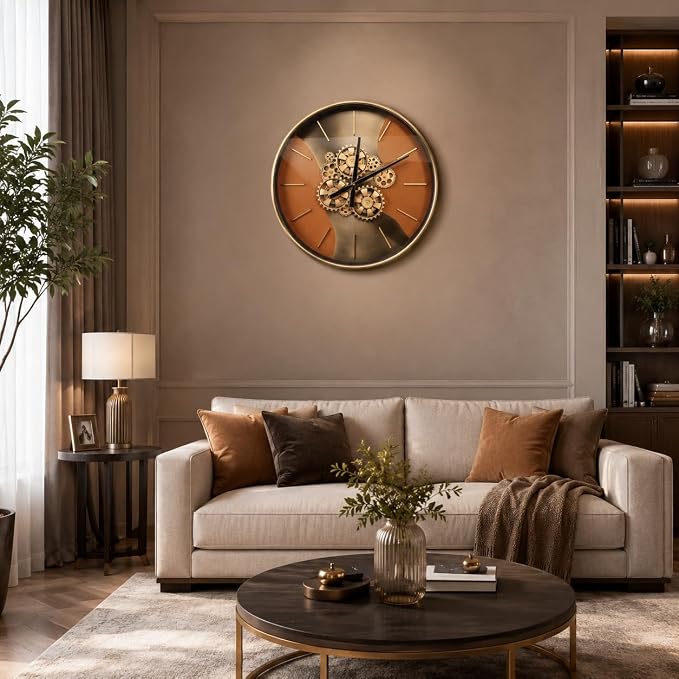 21.65 Inch Moving Gear Wall Clock, Battery Operated Steampunk Industrial Large Clock, Antique Bronze Metal Frame with 3D Scales, Unique Decorative Wall Clock for Living Room Farmhouse Office Decor