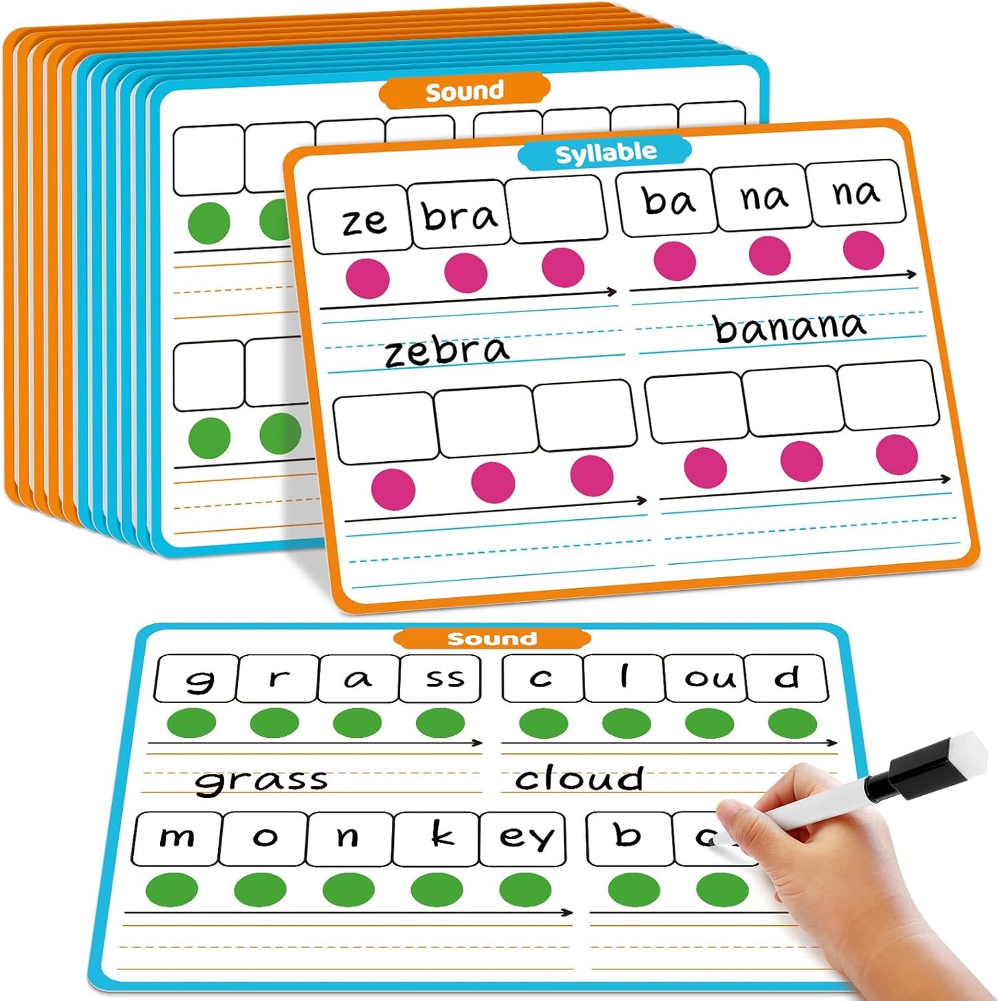 Skiennix Phonemic Awareness Dry Erase Board Set - 12 Packs for Speech Therapy & Classroom Use