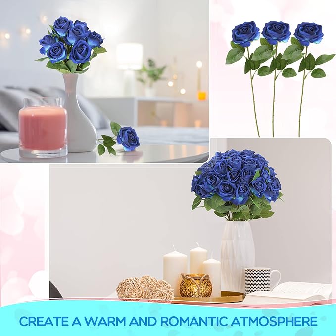 Jexine 50 Pcs Artificial Rose Flower Bulk Realistic Silk Fake Roses with Long Stem Plastic Artificial Flower Bouquet Real Looking for Home Wedding Centerpieces Party Decoration(Blue)