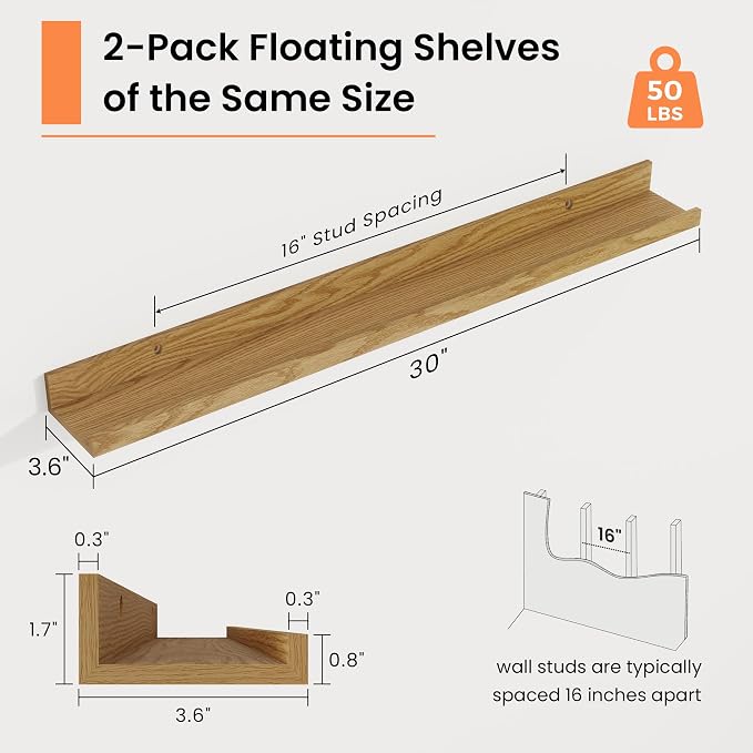 RICHFOCUS Picture Ledge Shelf, 30 inch Floating Shelves Set of 2, Wood Wall Shelves with Lip, Wall Decor Storage for Bedroom Living Room Bathroom Kitchen Nursery Photo Picture, Oak