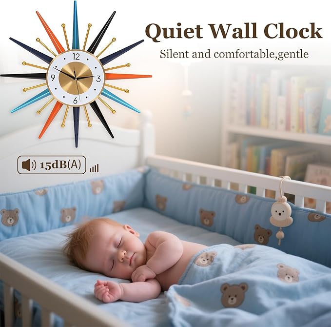 22-Inch Large Starburst Wall Clock – Mid-Century Modern Decorative Wall Clock, Silent Non-Ticking Quartz Movement, Battery Operated Colorful Clock for Living Room, Bedroom, Kitchen & Office