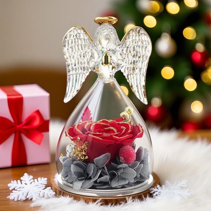Yamonic Mom Birthday Gifts for Moms, Angel Figurines with Real Rose Gifts for Her Mother Grandma, Preserved Flowers Rose Angel Figurines for Mothers Day Christmas Birthday Gifts for Women(Redgold)
