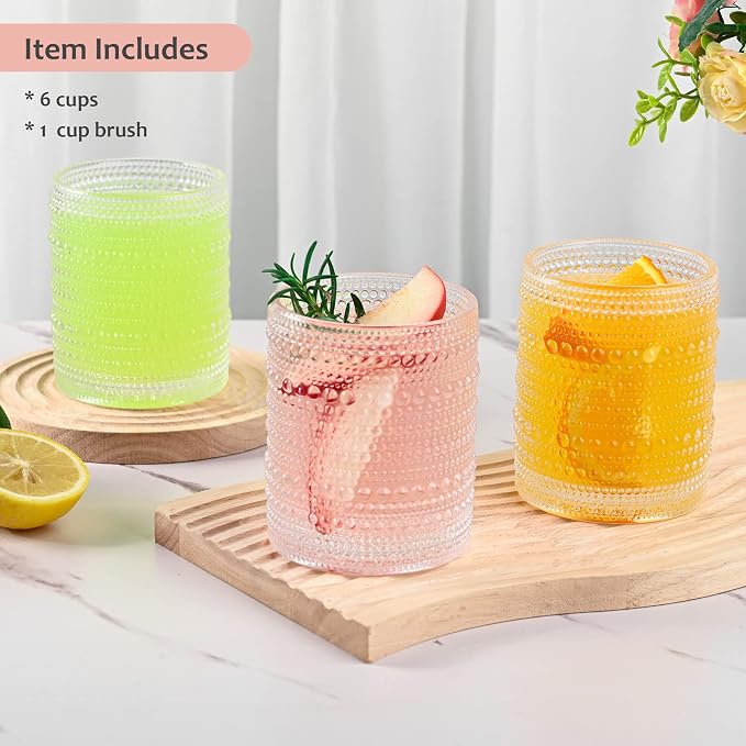 ZMOWIPDL Vintage Glassware Drinking Glasses Set of 6,12 oz Hobnail Glass Cups,Embossed Clear Water Tumbler,for Beer,Cocktail,Whiskey,Juice and Various Mixed Drinks- 1 Cleaning Brush