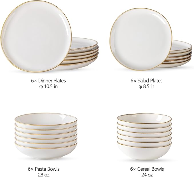 AmorArc Ceramic Dinnerware Sets,Handmade Reactive Glaze Stoneware Plates and Bowls Sets,Highly Scratch Resistant | Dishwasher & Microwave Safe Dishes Set,Service for 6 (24pc)(with Pasta bowls)