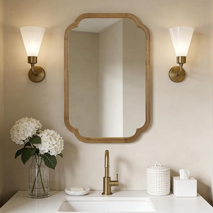 WallBeyond 20" x 30" Wood Mirror Rounded Corner Arch Wall Mirror with Wood Frame for Entryway, Living Room or Bedroom Home Decor [20" x 30" Natural Color]