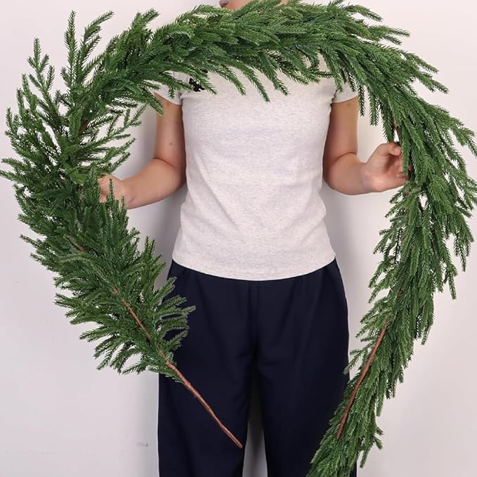 6 Ft Christmas Norfolk Pine Garland Real Touch Artificial Faux Greenery Christmas Garland Decorations for Home Mantle Table Stairs Fireplace Door Indoor Outdoor Holiday Decor