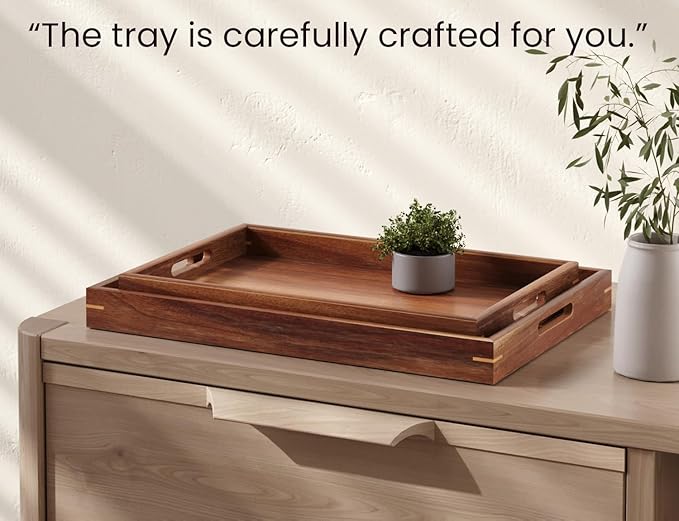 Fibogollo Set of 2 Acacia Wood Serving Tray with Handles,Decorative Trays Platter,Breakfast Tray in Bed,Food Drinks Tray for Eating,Working,Storing(Brown)