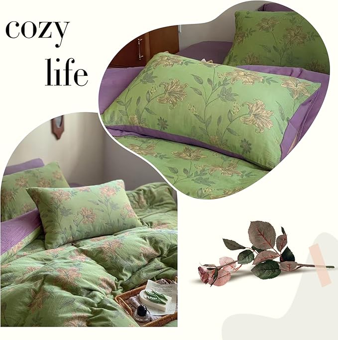 VM VOUGEMARKET Linen Cotton Jacquard Duvet Cover Queen,3 Pcs Yarn-Dyed Textured Duvet Cover Set Green Purple Floral Bedding Breathable, Natural Wrinkled Look-No Comforter