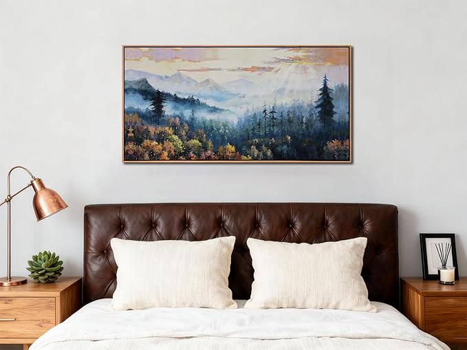 Arjun Forest Landscape Wall Art Canvas Framed, Misty Nature Wall Art for Living Room Painting Scenery Tree Picture Artwork for Bedroom Office Home Wall Decor, Large 40"x20"
