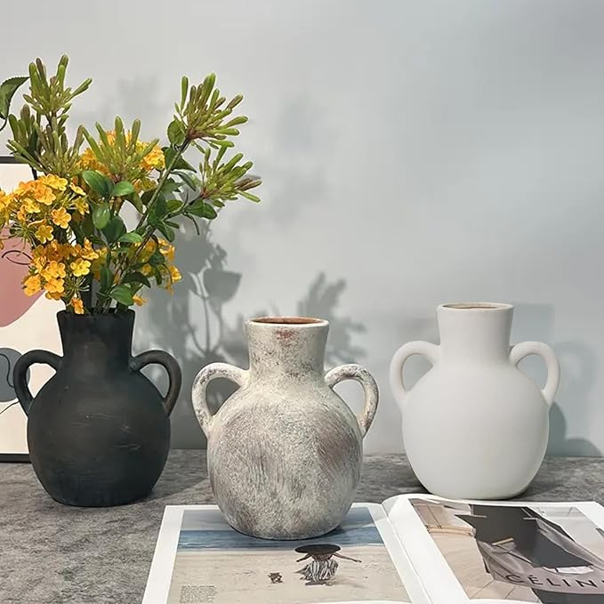 Ceramic Flower Vase,7.3 inch Tall Farmhouse Rustic Vase, Handcrafted Weathered Pottery Vases, Small Flower Terracotta Vases for Home Decor, Living Room Farmhouse Table Shelf Entrance (Cream Color)
