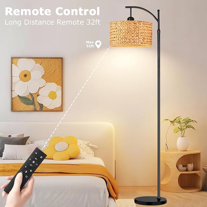 QIYIZM Floor Lamp for Living Room Bedroom Farmhouse Arc Rattan Boho Standing Lamp with Remote Dimmable Black Wicker Bamboo Lamp Shade Floor Light Adjustable Tall Lamp Industrial Floor Lamps Bohemian