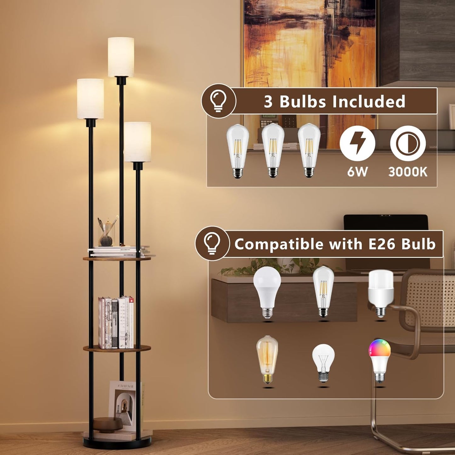 Skiennix Rustic Floor Lamp - 3-Light Standing Lamp with Shelves & Foot Switch | 71" Tall, Black-Liner
