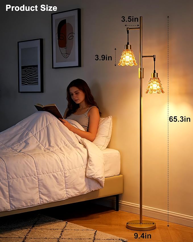 Lightdot 65IN Glass Floor Lamp for Living Room, 2- Light Gold Floor Lamps with Amber Glass Shade& Warm White Bulbs, Modern Standing Tall Lamp with 5Lbs Heavy Base for Bedroom/Corner Beside/Home Decor