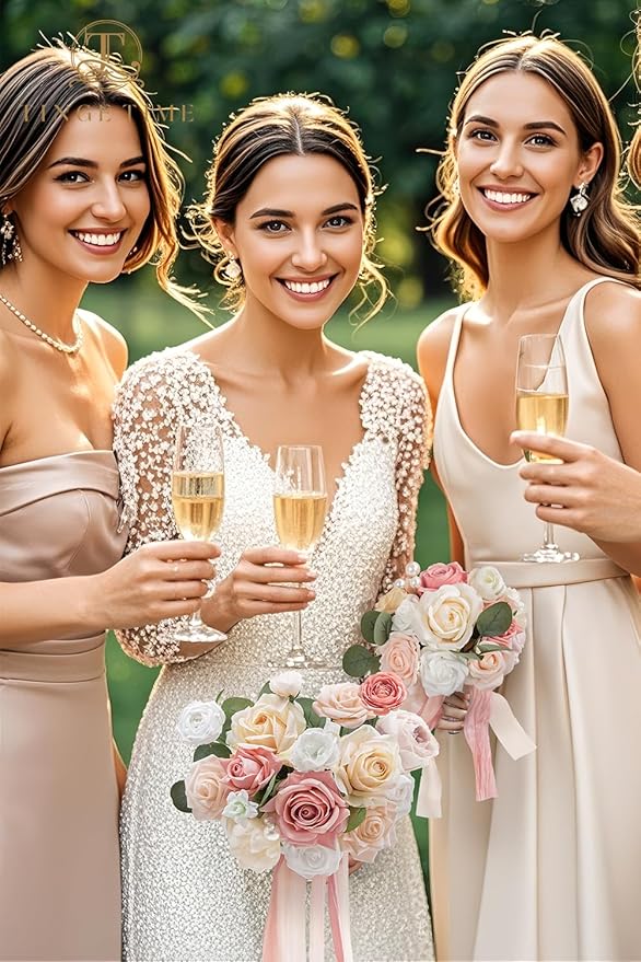 TINGE TIME 9 inch Bridal Bouquets for Bride, Artificial Silk Flowers Tossing Bouquet, Bride Bouquets for Wedding, Ceremony, Anniversary (Champange&Pink)