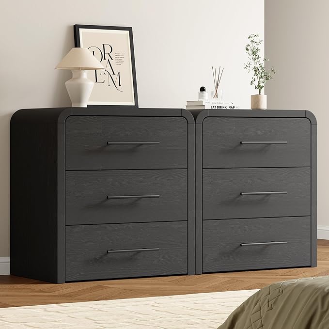 Curved 3-Drawer Nightstand Dresser Set of 2, 23.6'' Wide Modern Wood Bedside Tables with Long Metal Handles, Large Storage End Tables for Bedroom, Office, Black