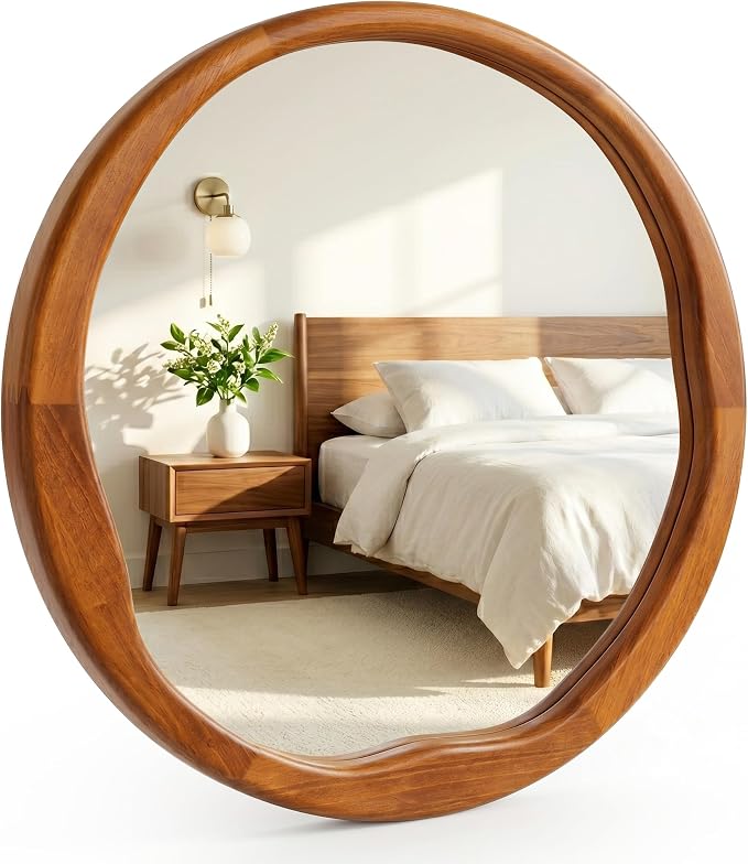 Walnut Round Mirror 24 Inch, Solid Wood Framed Bathroom Vanity Mirror with Wavy Inner Edge, Retro Mid-Century Wall Decor for Bedroom & Entryway