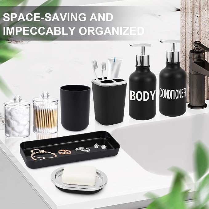 XLHOMO Black Bathroom Accessories Set - 10 Piece Bathroom Set with Trash Can and Toilet Brush, Soap Dispenser, Toothbrush Holder and Cup, Soap Dish, and Qtip Holder, for Housewarming Gift