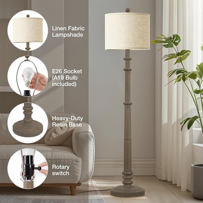 EJIAXIN Floor Lamps for Living Room - 60" Resin Farmhouse Floor Lamp with Adjustable Color Temperatures - Vintage Standing Lamp Reading Light with Linen Shade Retro Tall Lamp for Bedroom Office, Grey