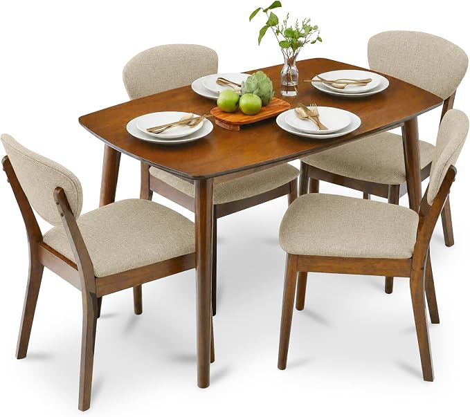 Best Choice Products 5-Piece Dining Set, Compact Mid-Century Modern Table & Chair Set for Home, Apartment w/ 4 Chairs, Padded Seats & Backrests, Wooden Frame - Walnut/Oatmeal