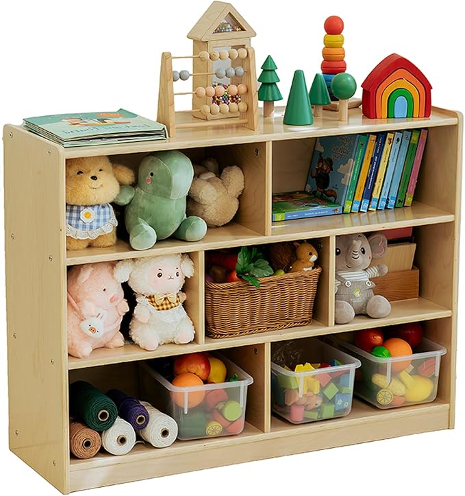 Wooden Kids Bookshelf and Toy Storage Organizer, 3-Tier Montessori Shelf, 7-Section Storage Cabinet, Birch Bookcase Book Shelf for Kids Room, Nursery, Classroom, Playroom - Natural