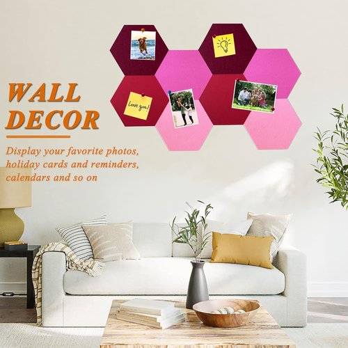 Skiennix 8Pcs Hexagon Felt Cork Board Tiles - Self-Adhesive DIY Bulletin Board for Home & Office Decor | Gradual Red