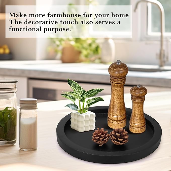 Rustic Decorative Wooden Serving Tray Home Decor Round Ottoman Coffee Table Trays Farmhouse Living Room Dinner Table Centerpiece Accessories Wood Candle Holder Tray for Kitchen Counter Bathroom Vanity