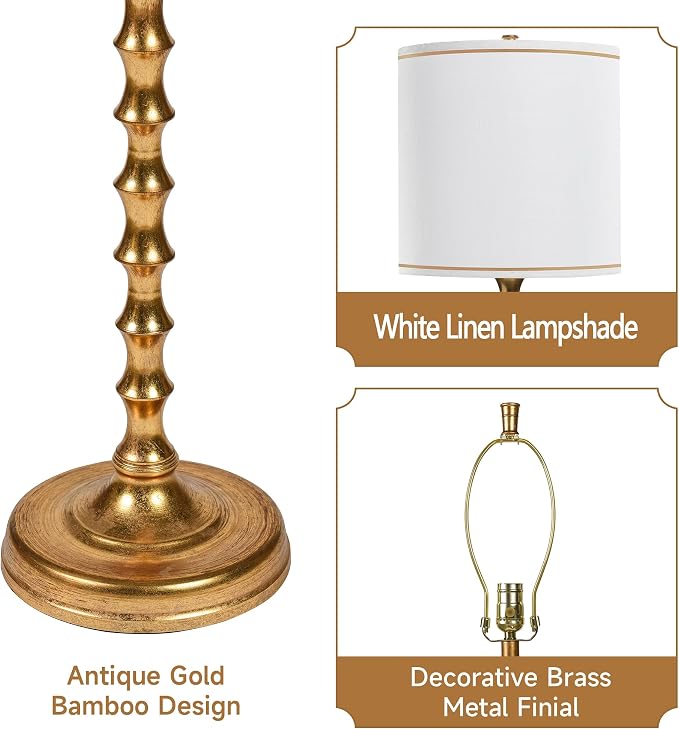 EUO 64.5" Gold Floor Lamp for Living Room, Gold Bamboo Floor Lamps for Bedroom, Tall Skinny Lamp for Home Decor, Mid Century Antique Floor Lamps with White Lampshade
